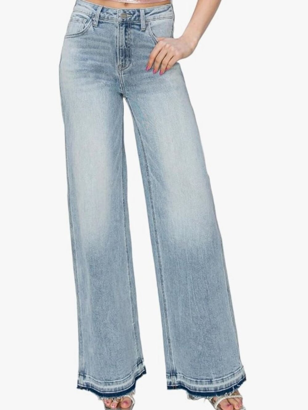 Light Wash Wide Leg Jeans High Rise Raw Frayed Hem Y2K Denim Pants